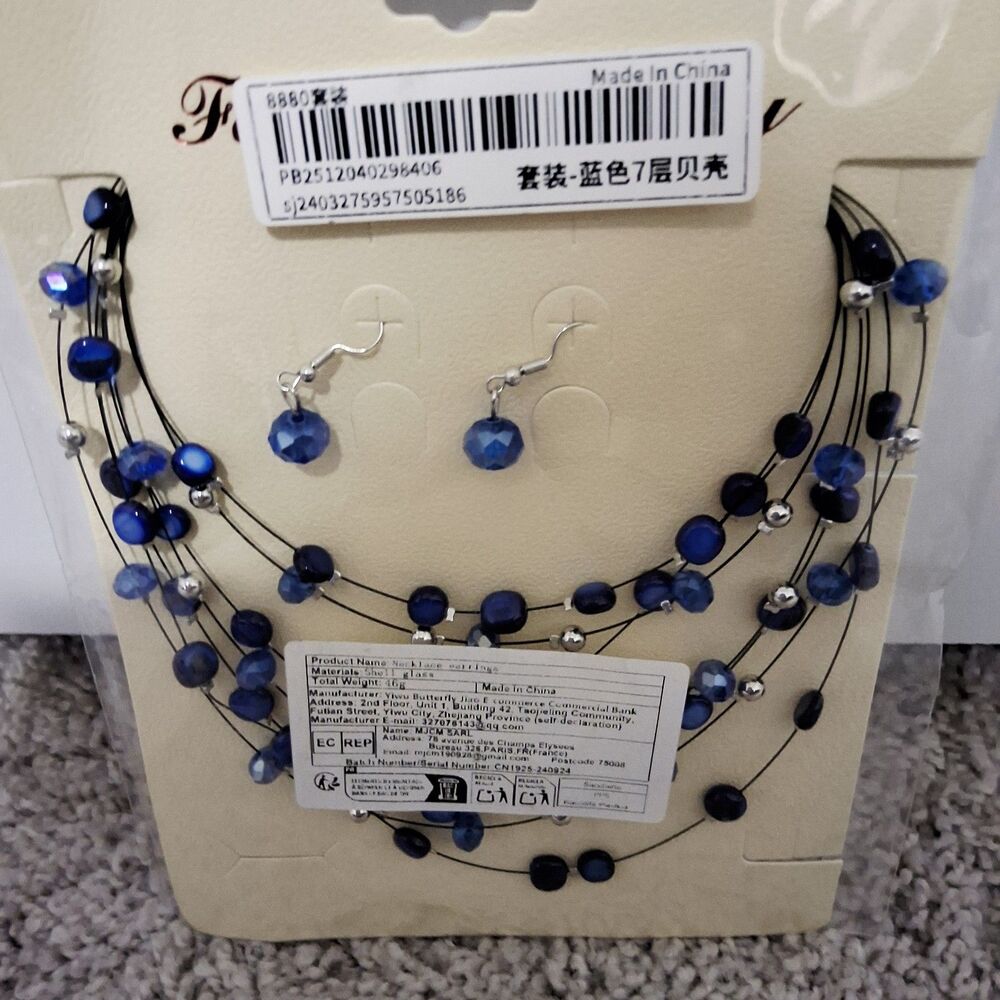 Shein Women's Multilayer Crystal Necklace & Earrings Set Blue & Silver New w/Tag